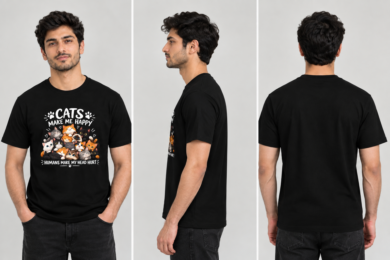 Cats Make me Happy T-Shirt Black