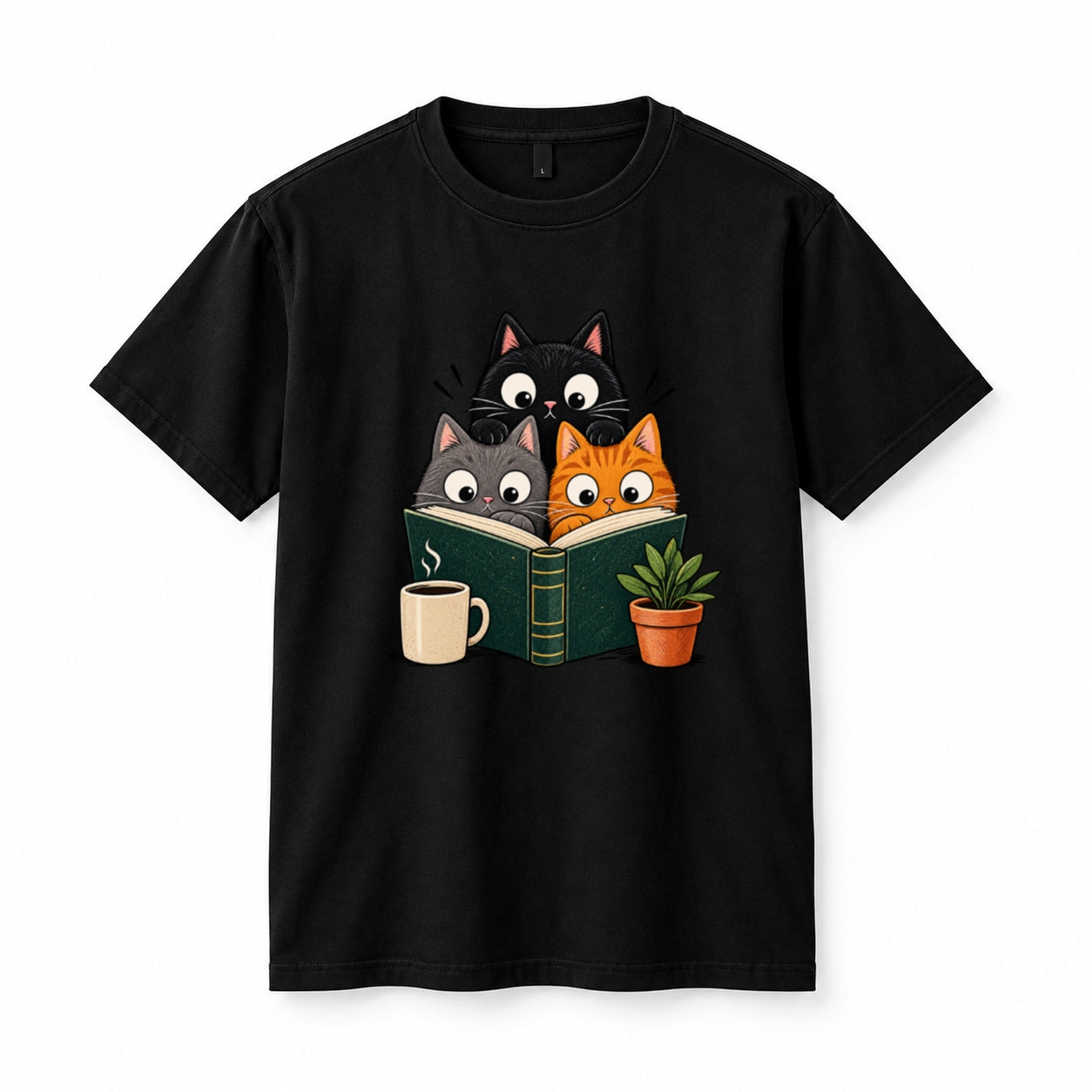 Book Reading Cat T-Shirt Black