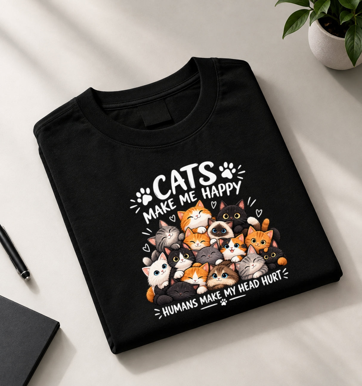 Cats Make me Happy T-Shirt Black